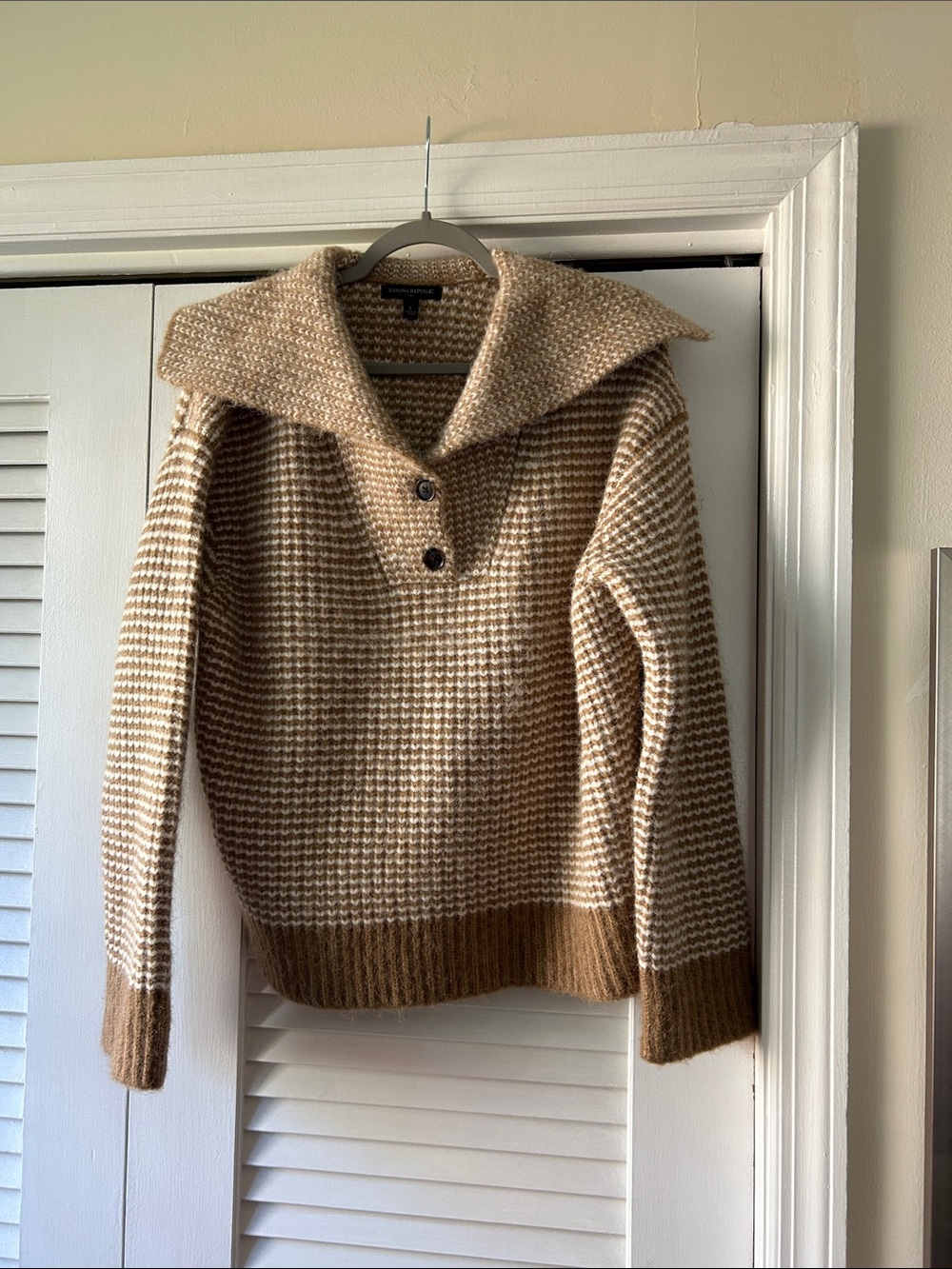 Banana Republic Two-Tone Tan and Cream Shawl Collar Sweater